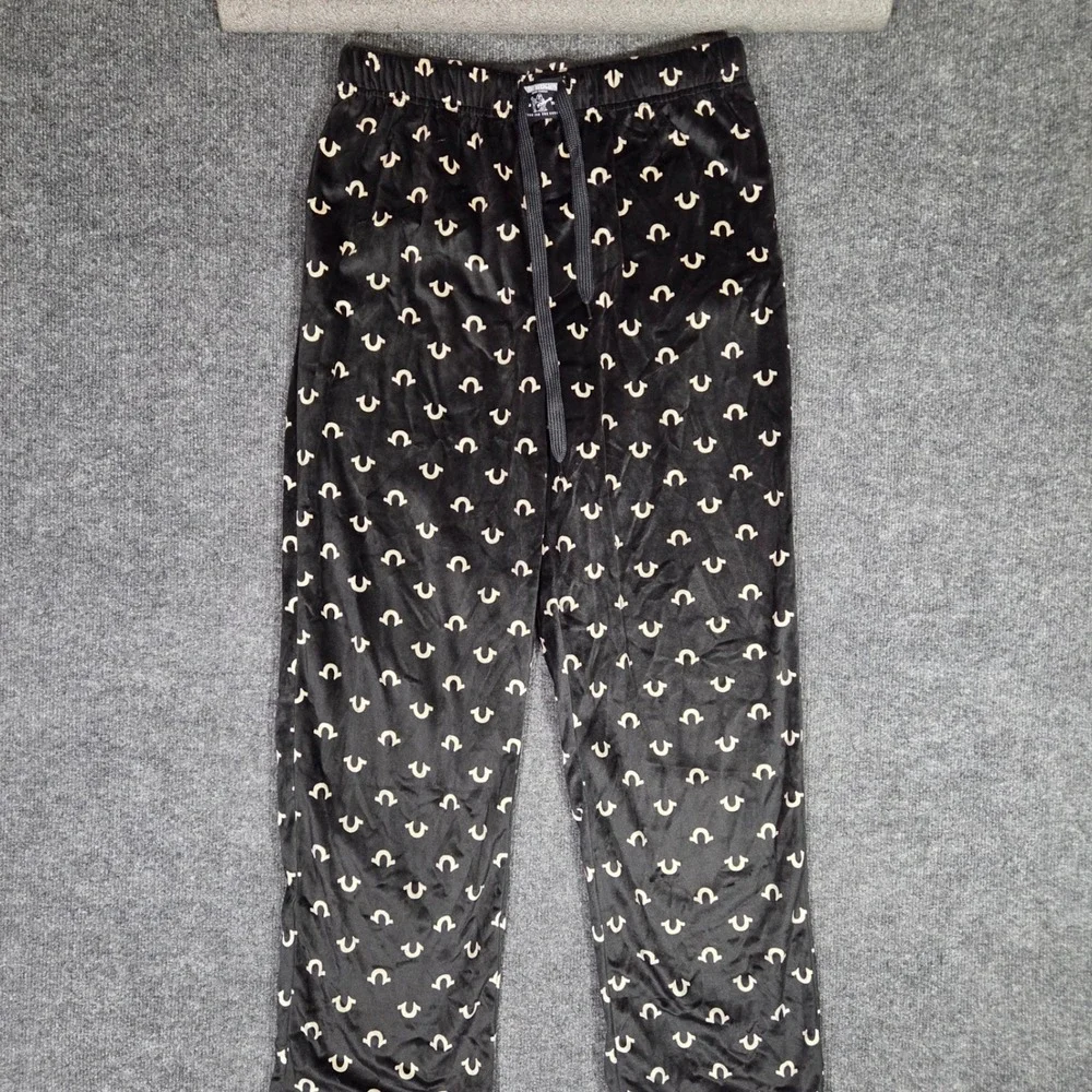 True Religion Sleepwear Lounge Pants Mens Medium Black Velvet Horseshoe Logo PJ